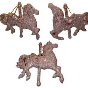 Lot of 3 Carousel Horse Christmas Tree Ornaments Champagne Rose Gold Glitter NEW